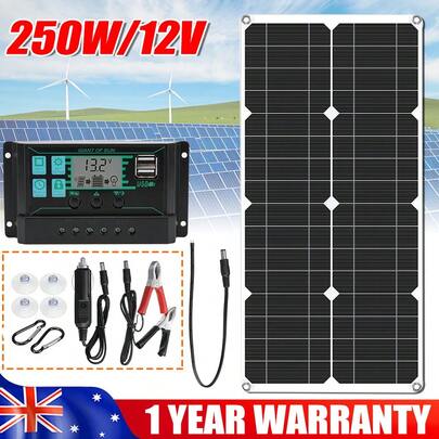 Solar Panel Flexible 250 Watt 12V Battery Charger With 30A Controller Caravan Camping Portable Charger Kit 2 USB Charging