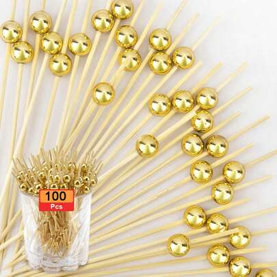 100pcs Cocktail Picks, Appetizer Toothpicks, Elegant Toothpicks, 4.7 Inch Fruit Skewers, Gold Party Supplies, Fruit Drink Accessories, Charcuterie Board Supplies, Bamboo Skewers