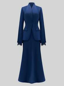 Bộ váy áo 2 mảnh thanh lịch dành cho nữ, váy dự tiệc trang trọng tay ren, váy dự đám cưới mùa xuân. - Màu xanh hải quân - Xem 8