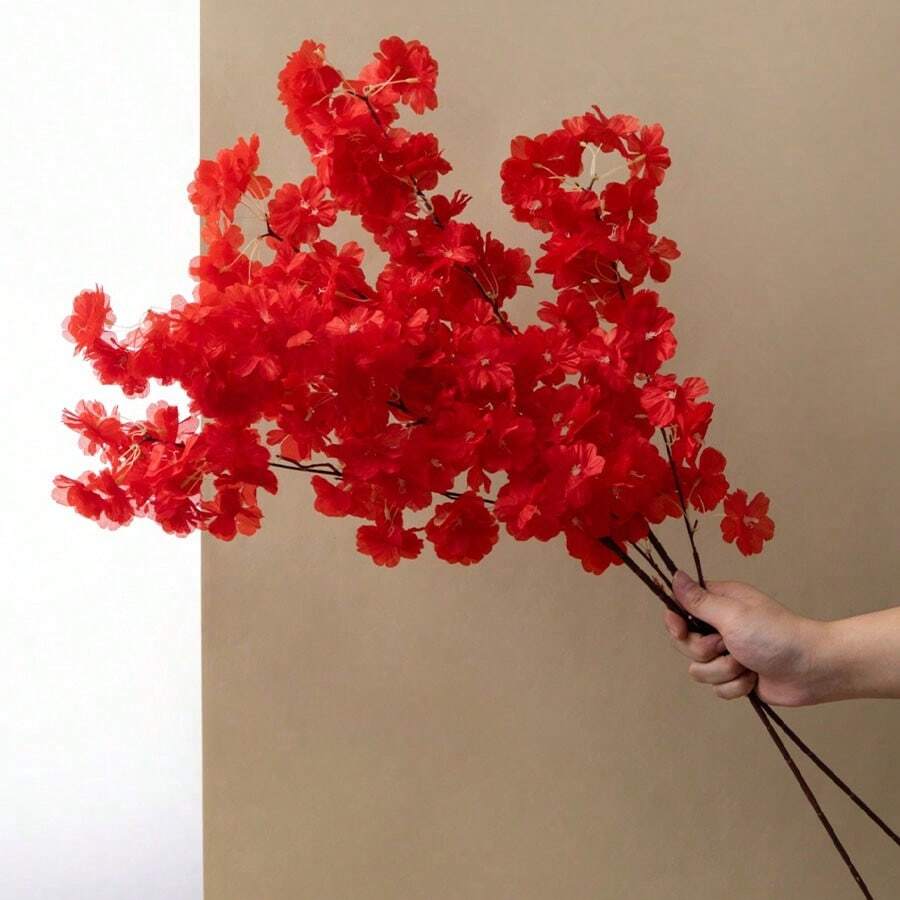 1 件 98 厘米 38.6 英寸人造红色樱花枝，真实触感假花束樱花枝长茎人造花适合高花瓶 DIY、婚礼派对复古装饰、现代农舍、家居卧室装饰 - 彩色 - 查看 1