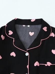 女士长袖上衣长裤睡衣套装，满版爱心印花，秋冬服装