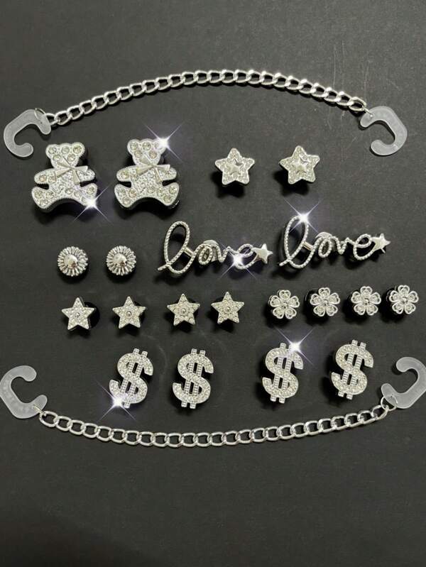 22pcs/Set Silver Electroplated Bear, Dollar, Star, Flower, Love Charm DIY Shoe Decoration, Detachable Shoe Accessories Suitable For Hollow Beach Sandals, Slippers, All Season, Perfect Gift For Holidays, Parties And Special Occasions