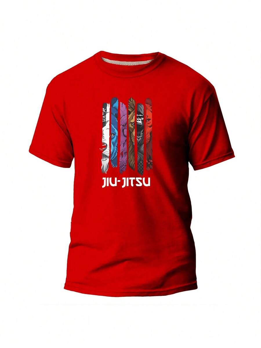 100% COTTON UNISEX JIU JITSU BRAZIL T-SHIRT WITH GRADUATION BELTS - 紅色 - 查看 1