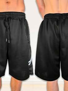 Short casual y deportivo para hombre, estampado de dos líneas pequeñas en los laterales de la prenda, talle de cintura natural con cordón y ajuste de pierna suelto, bolsillos funcionales con cierre para mayor seguridad, tela de poliéster y elastano, apto para temporadas de primavera y verano, muy fresco y cómodo, ideal para hacer deporte o el uso casual. - Negro - Ver 2