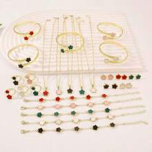 6 pezzi set di gioielli in lega a forma di foglie e quadrifogli per donne - bracciale, collana, orecchini a perno, ciondolo a fiore della fortuna