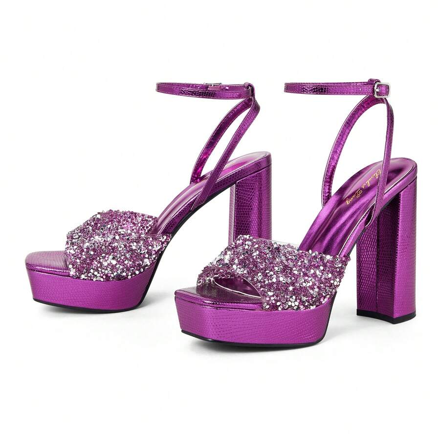 Women 4IN Rhinstone Square Toe Platform Strappy Chunky Block Dressy Heeled Sandals Sparkly Lizard Pattern Leather Heels For Evening Prom - 紫色 - 查看 1