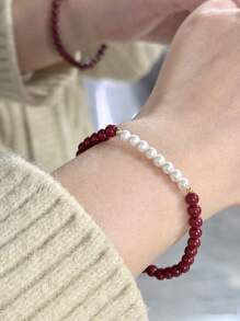 1 Peça Pulseira de Bênção de Cinábrio e Pérola, Pulseira de Amuleto da Sorte, Adequada para Uso Diário/Festivo de Homens e Mulheres, Pulseira de Proteção da Amizade, Presente de Feriado, Dia dos Namorados, Dia das Mães, Pulseira Vermelha do Ano Novo Chinês