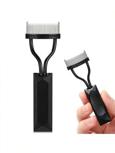 1PC Black Steel Needle Eyelash Comb & Separator - Non-Slip Square Grip, Compact Travel Size