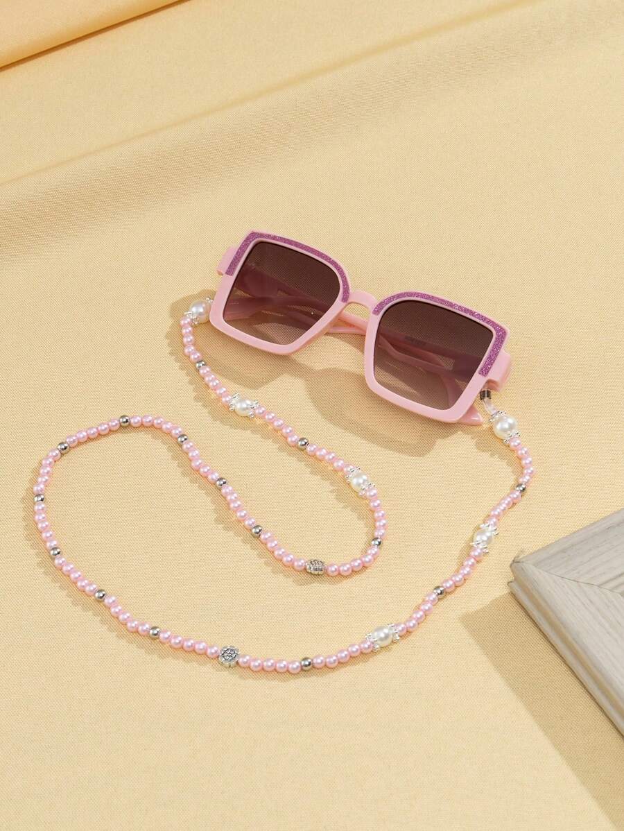 1 Set Gafas de moda decorativas con diseño geométrico rosa brillante y 1 pieza de cadena de gafas de perlas falsas rosa para niños