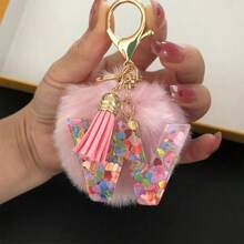 1pc Initial Letter Keychain, Cute Fluffy Ball Keyring, Bag/Backpack Charm, Car Pendant, Women Daily Gift