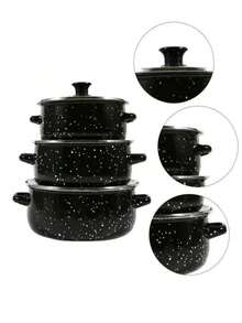 3 Pezzi Set di Pentole Smaltate Multifunzione, Leggero con Coperchi in Vetro, Comprende una Pentola, una Casseruola e una Padella Antiaderente, Facile da Pulire, Adatto per Fornelli a Gas e Elettrici, Essenziale Durevole per la Cucina Domestica e la Ristorazione, Ideale anche per il Campeggio all'Aperto.