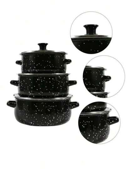 3 Pezzi Set di Pentole Smaltate Multifunzione, Leggero con Coperchi in Vetro, Comprende una Pentola, una Casseruola e una Padella Antiaderente, Facile da Pulire, Adatto per Fornelli a Gas e Elettrici, Essenziale Durevole per la Cucina Domestica e la Ristorazione, Ideale anche per il Campeggio all'Aperto.