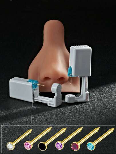 1pc Sterile Nose Piercing Kit, Disposable Low-Pain Nose Stud Gun With 5A Gold-Plated Nose Studs In Pink Diamond/White Diamond/Black Diamond/Purple Diamond/Aquamarine, Piercing Beauty Tool And Accessories Suitable For Men, Women And Students