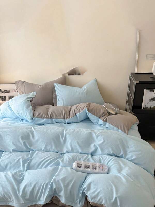 3 pièces Ensemble de housse de couette douce et respirante (1*Housse de couette + 2*Taies d'oreiller), Bleu clair et Gris clair, Convient pour la chambre à coucher et la chambre d'amis, Lavable en machine, Toutes saisons
