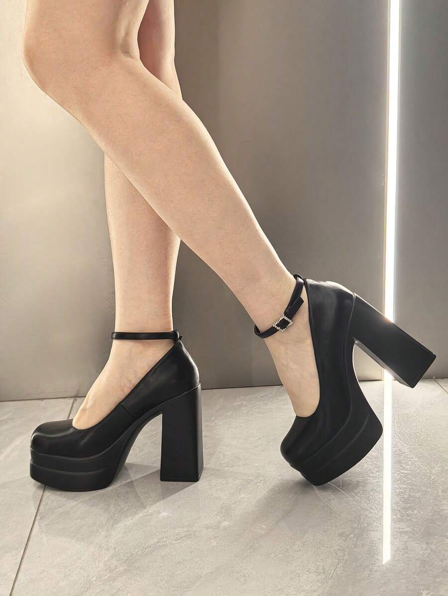 Mary Jane High Heeled Sandals Platform Chunky Heels For Women Closed Square Toe Buckled Ankle Strap Sandals Fashion Dress Party Pumps Valentine's Day Outfits - 黑色PU - 查看 1