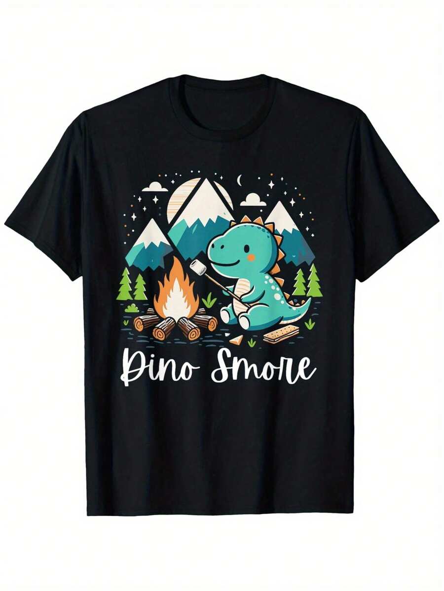 Dino Smore Funny Camping Dinosaur Campfire Graphic T-Shirt - 100% Cotton Regular Fit Unisex Tee With Slightly Elastic Neckline, All-Season Casual Outdoor Shirt For Men & Women (S-XXXL)-100% Cotton T-Shirt