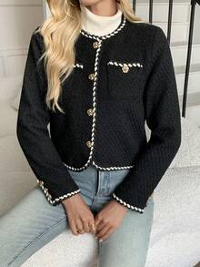 Ladies' Color-Blocked Tweed Jacket With Front Buttons, Retro And Elegant Short Style, Fashionable For Parties And Office Wear, Casual Tweed Coat, Collarless Top For Autumn - Black - View 8