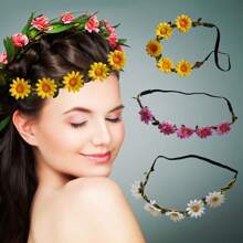1 pieza Diadema con girasol, Corona de flores de margarita, Tocado de playa de resort, Diadema de sombrero de playa de lugar escénico, Coronas, Tiara, Corona de disfraz, Corona de flores, Círculo para el cabello, Enredadera para el cabello, Accesorios de rave
