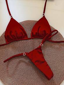Women's Summer Beach Red Halter Tie Sexy Bikini Swimsuit Set - Red - View 1