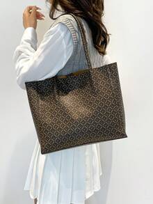 时尚大容量手提包，休闲日常使用，个性化手提包，百搭时尚女士手提包 - 棕色 - 查看 7