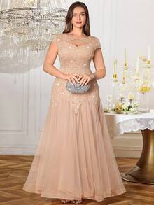 优雅亮片花卉蕾丝撞色网纱荷叶边下摆长裙，适合晚宴、返校舞会、婚礼宾客、生日、毕业典礼等场合。 - 香檳色 - 查看 9