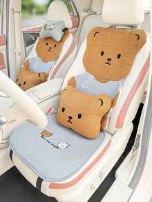 1pc Car Seat Cover, Cute Bear Pattern, Linen Material, All Season Use, Breathable, Anti-Slip, Summer Rear Seat Cushion