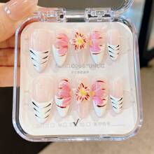 10 件/套手工短款按压指甲，夏季假指甲美甲用品海滩美甲长指甲适合女孩，时尚 3D 树脂杏仁指甲可重复使用适合教师、学生、办公室、旅行、优雅商务休闲