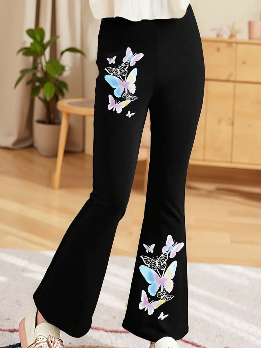 Girls' Casual Elastic Flare Pants, Black Geometric & Butterfly Print Straight Leg Knit Trousers, Children Fashion Elegant Pants - Black - View 1