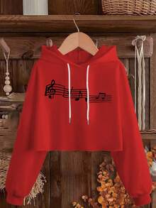 女裝秋季新款100%純棉水洗柔軟透氣截短抽繩連帽衫，基本款個性街頭美式復古休閒學院風圓領長袖舒適百搭捲邊毛圈設計套頭衫，宜人的音樂圖案印花 - 大紅 - 查看 3