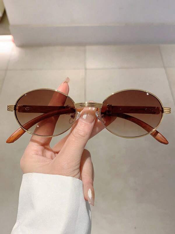New Retro Oval Frame Fashion Glasses, Design With Faux Wood Grain Temples Oval Shape Shades