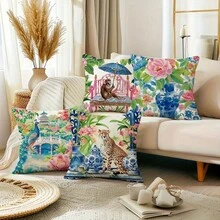 18x18 Inch Blue And White Chinoiserie Throw Pillow Covers, Floral Peacock & Pagoda Watercolor Print, Farmhouse Decor For Indoor/Outdoor Use, Envelope Closure, Machine Washable - 樣式 2 - 查看 1