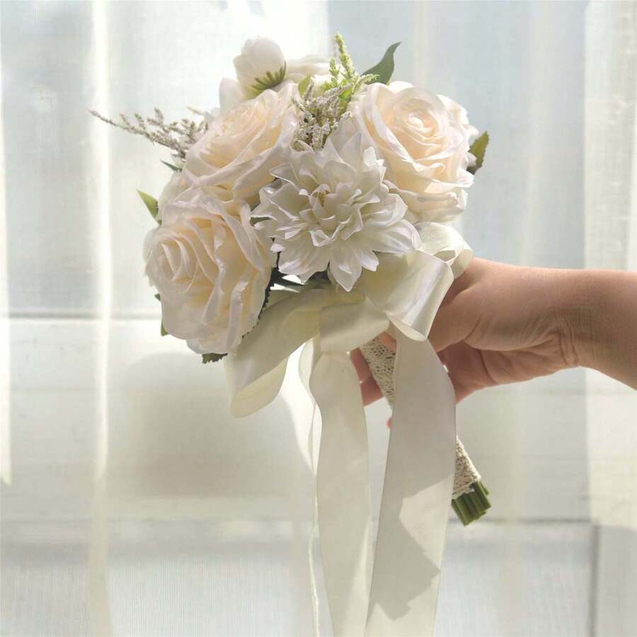 Ramos de flores de boda para novia de color blanco y champán, flores artificiales para sostener en la mano