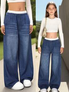 青少年秋季时尚蓝白条纹休闲宽松阔腿裤，现代版型，时尚舒适，非常适合日常外出、公园散步。 - 深色水洗藍 - 查看 2