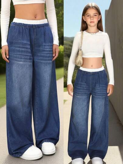 Pantalones para adolescentes de moda de otoño, con rayas azules y blancas, de corte holgado y pernera ancha, versión moderna, elegante y cómoda, muy adecuados para salidas diarias y paseos por el parque.