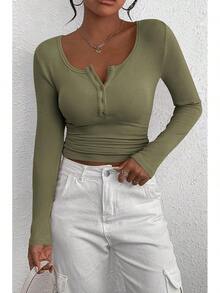 Women's 2026 Fall Long Sleeve Henley T Shirts Button Ribbed Knit Slim Fit Basic Tops Blouse Casual Outfits/Vacation Outfits Women/Valentine Outfits For Women - Xám Xanh Lá Cây - Xem 1