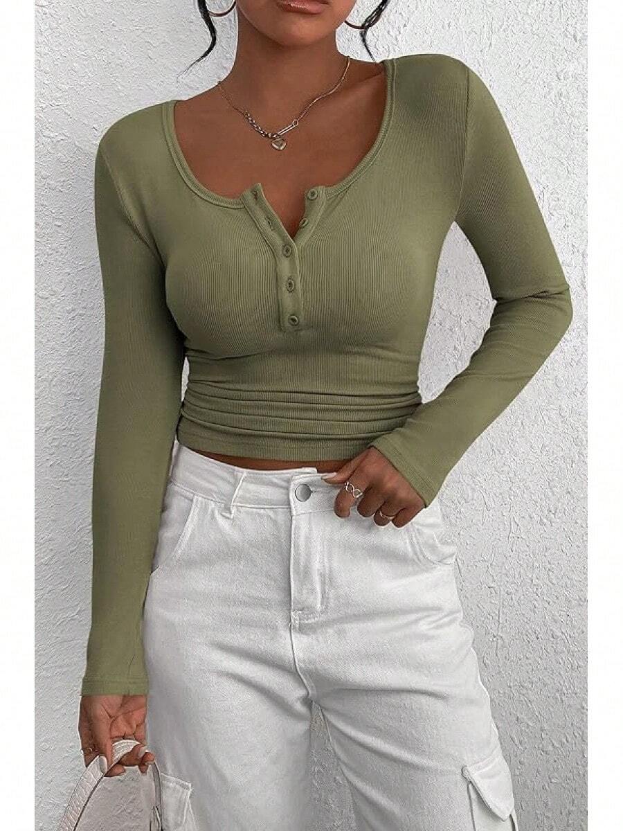 Women's 2026 Fall Long Sleeve Henley T Shirts Button Ribbed Knit Slim Fit Basic Tops Blouse Casual Outfits/Vacation Outfits Women/Valentine Outfits For Women - Xám Xanh Lá Cây - Xem 1