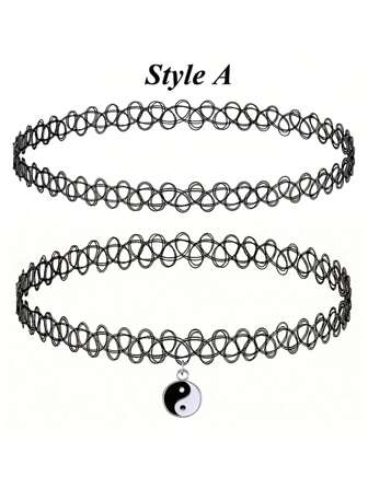 2pcs/Set Necklace Set, 90s Style Accessories For Women & Teenage Girls, Black & White Yin Yang Pendant Charm, Elastic Jewelry Gift
