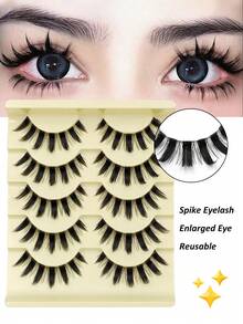 Rikuaild 5 Pairs Cartoon Style Thick False Eyelashes, Natural & Lengthening, Cosplay Makeup False Eyelashes, Cross-Linked Big Eye Effect, Thick Full-Lash False Eyelashes With Transparent Band - 尖尾漫畫款 - 查看 2