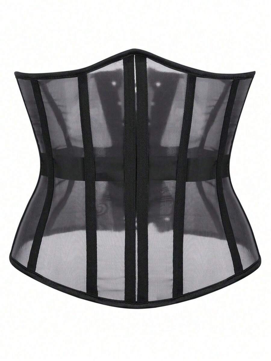 1pc Women's Tight Mesh Sheer Waist Cincher, Black Sexy See-Through Corset Can Be Worn Outerwear Halloween Costume - 黑色 - 查看 1