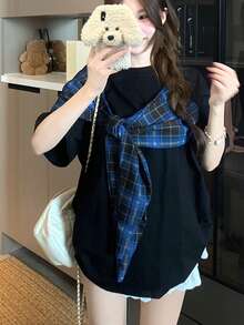 Áo thun tay ngắn cổ bẻ kẻ caro dáng rộng, thích hợp cho mùa hè. - màu đen - Xem 2