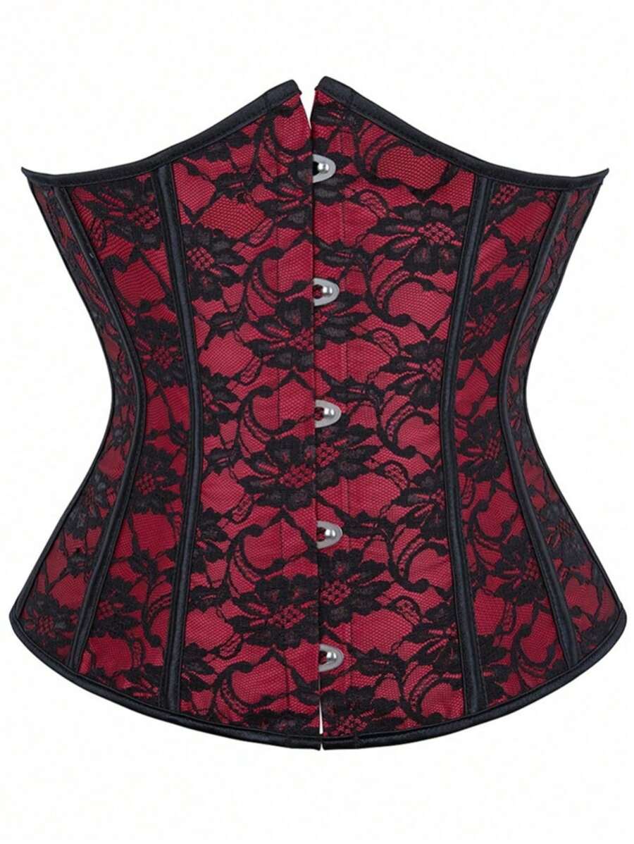 1 件女士酒红色蕾丝提花束腰训练器紧身胸衣