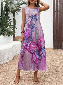 Women's Round Neck Butterfly Print Sleeveless Dress, Suitable For Spring/Summer - Hot Pink - View 1