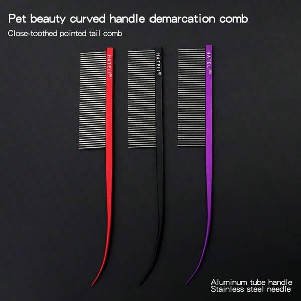 Dog Cat Pet Beauty Curved Handle Demarcation Comb, Dense Tooth Pointed Tail Comb, Aluminum Tube Handle, Stainless Steel Needle Comb.