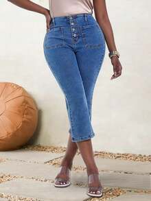Women's High - Waist Denim Capri Pants - Button - Front, Double Pockets, Retro & Chic - Medium Wash - View 1