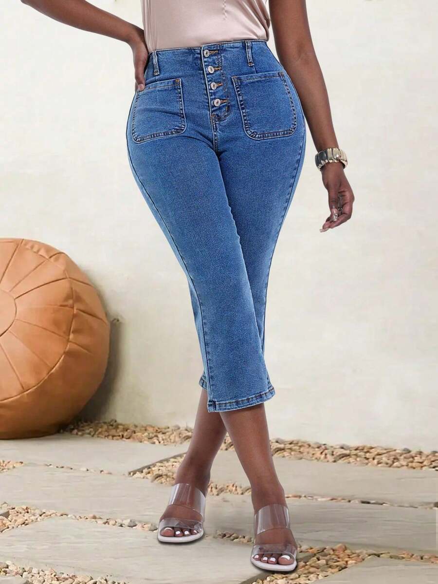 Women's High - Waist Denim Capri Pants - Button - Front, Double Pockets, Retro & Chic - Medium Wash - View 1