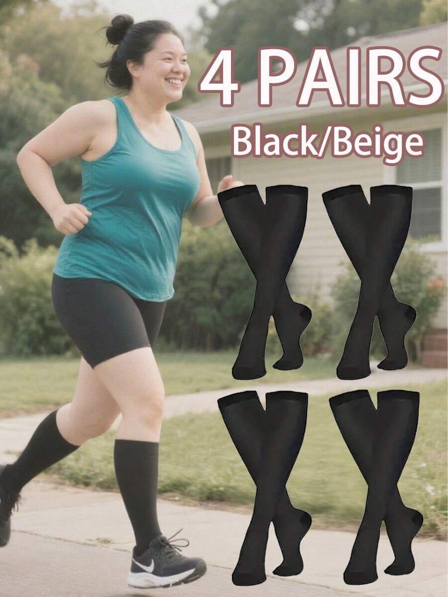 4 Pairs Of Solid Color Compression Socks, Men's And Women's Sports Socks For Running, Cycling, Hiking, Travel Long Leg Warmers, Pregnant Women And Nurses Wear - 彩色 - 查看 1