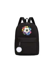 1 New Cute Versatile Simple Kawaii Football Print Plus Pom Pom Pendant Backpack, New For Spring And Summer, Suitable For Back To School Season. Nylon Material Double Zipper Lightweight Large Capacity Foldable Bag, Very Suitable For Teenagers To Go To School, Daily Travel, Shopping, Travel And Vacation, Etc. - Black - View 14