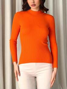 Top Tejido Punto Cuello Tortuga Beige Ajustado Cómodo Elegante Manga Larga Acanalado Básico Versátil Casual Chic Minimalista Otoño Invierno Moda Femenino Silueta Essential Wardrobe Trendy Clásico Formal Suave Camel - Naranja - Ver 3