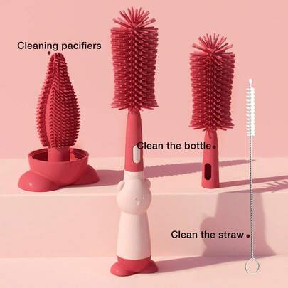 硅胶奶瓶刷套装，包含奶瓶刷、杯刷、婴儿奶嘴刷、吸管刷，日常清洁奶瓶、杯子、水壶、马克杯必备，可爱熊形刷适用于各种杯子