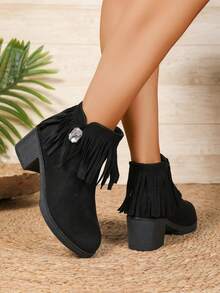 Bottes courtes à franges mode femme, décoration à franges personnalisée, design de talon épais confortable, bottes courtes avec fermeture éclair latérale, convient pour le port quotidien et décontracté en automne/hiver, bottes noires pour femmes, matériau  de qualité, bottes courtes polyvalentes